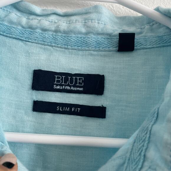 Saks Fifth Avenue Button Up Shirt Men L Mint Blue Linen Slim Fit Roll Tab Resort - Picture 7 of 8